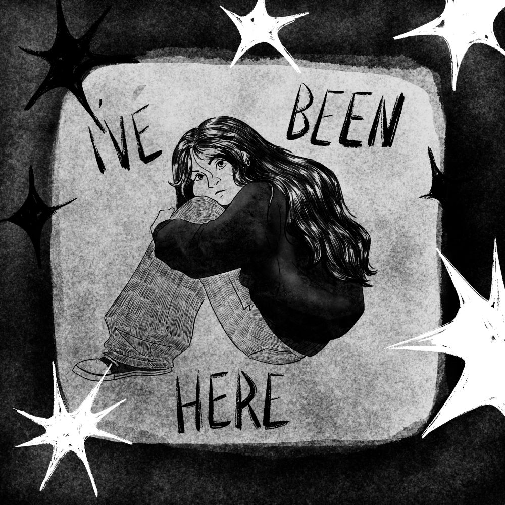 A monotone drawing of the artist curled in on herself surrounded by stars with the text I've been here