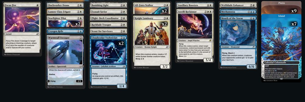 A screenshot of the Magic: Arena deckbuilding interface, showing a white/blue draft deck with two All-Fates Stalkers in it.