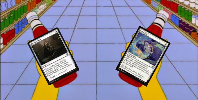 A still from The Simpsons - Mr Burns holds two bottles of ketchup/catsup. The Magic: The Gathering cards "Portable Hole" and "Seam Rip" have been crudely pasted onto the bottles.