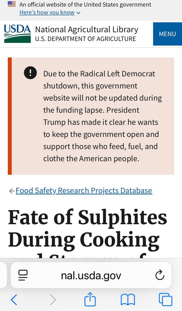 A screenshot from the USDA National Agriculture Library website shows a warning saying “Due to the Radical Left Democrat shutdown, this government website will not be updated during the funding lapse. President Trump has made it clear he wants to keep the government open and support those who feed, fuel, and clothe the American people.” [an apparent violation of the Hatch Act]