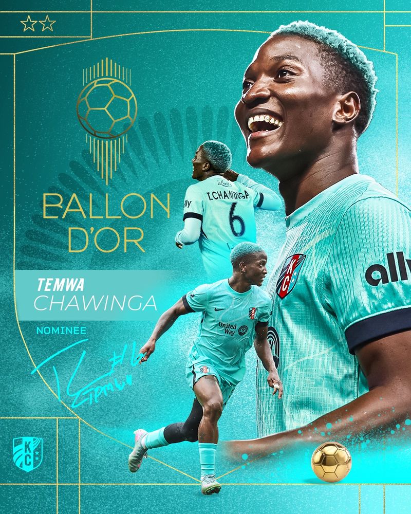 Graphic for Temwa Chawinga being named as a 2025 Ballon d'Or Nominee with different action photos of her in the Teal Town kit