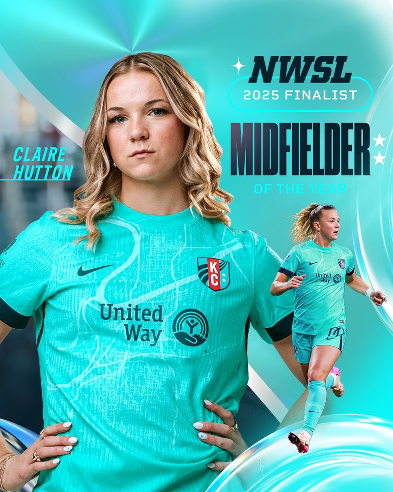 Claire Hutton NWSL 2025 Midfielder of the year finalist graphic with photos of Claire
