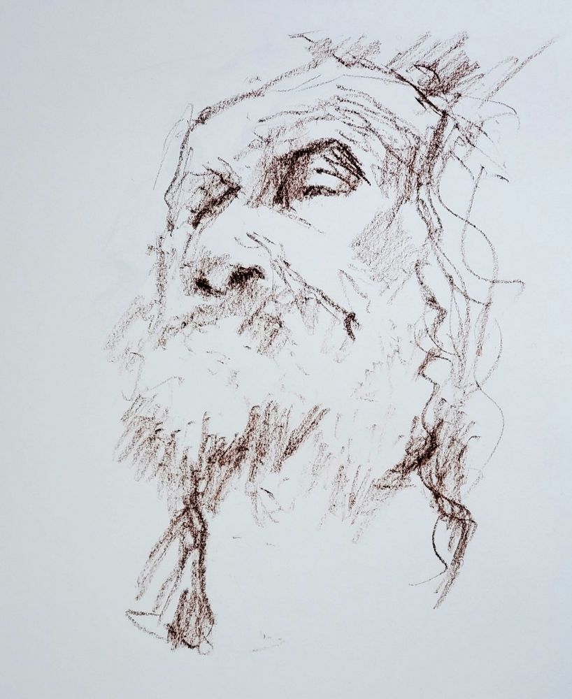 Conte pencil head study drawing on A2 cartridge paper of older thin bearded man. 5 minute study.