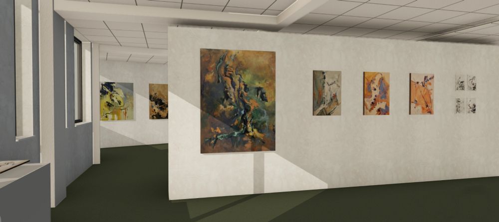 Computer generated image of an art gallery displayinging painti gs and drawings