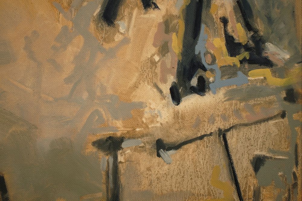 Warm painted ground with cooler overlays in muted cyan and darker lines. Oil on canvas.