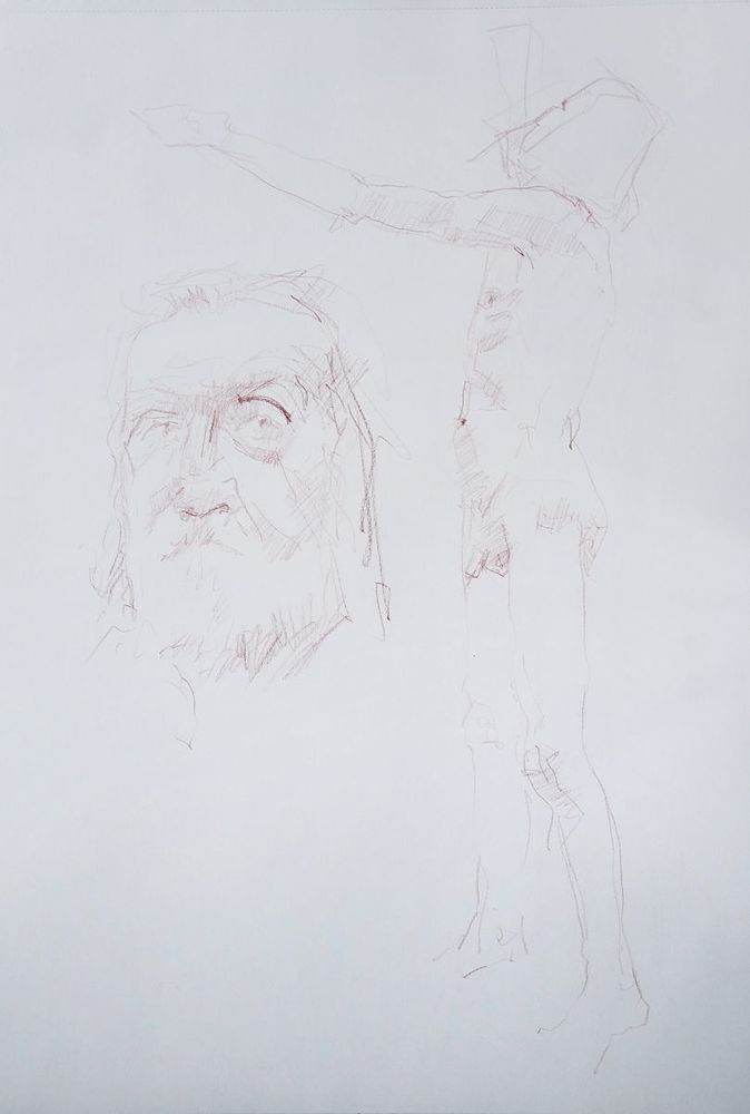 A couple of 5 minute sketches with a red pencil on A2 cartridge paper. Head study of a bearded older man with a full length study of the same man with arms outstretched.