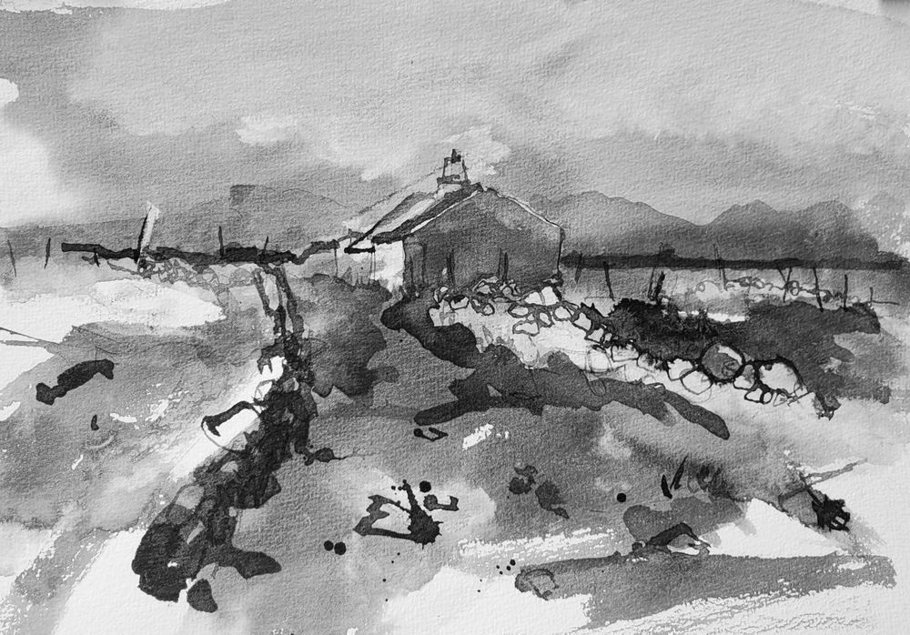 ink drawing in black and white on paper of the Wilkinsons House on Inishlacken Island in Connemara. Hills in the backgrond and a rough laneway in the foreground. Drawn on A4 watercolour paper in about 20 minutes.