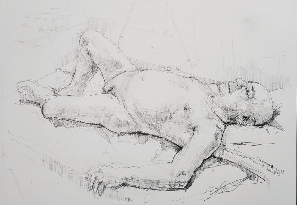 Naked man lying face up with head to the right. Drawn in pencil with hatched tonal areas. About 50 minutes drawing time. Smooth paper allowed the 6b pencil to move fluidly across the surface. Holding the pencil well back from the tip (as usual) and allowing a flat area to develop on the lead to facilitate the soft hatched areas.