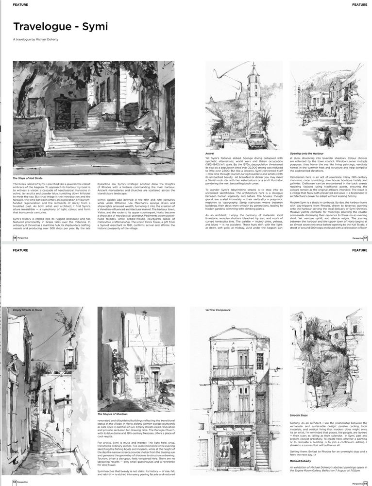 Four pages of drawings and text on the Island of Symi. Ink sketched from 2024 and pencil from a few years earlier.