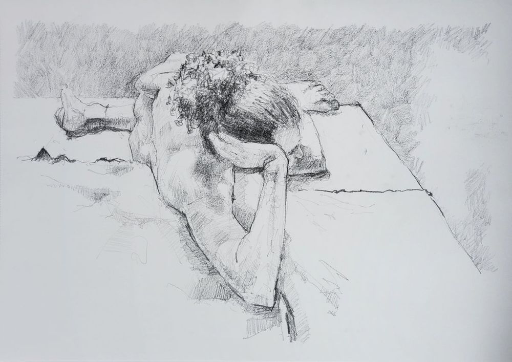 75 minute drawing with a 6B pencil on A2 cartridge paper. Foreshortened pose of a younger man facing the head resting on this hand and elbow.
