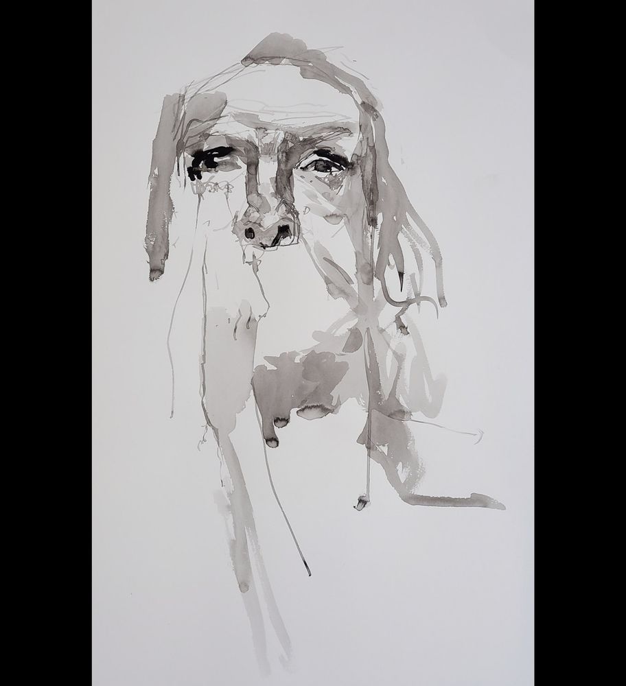 Ink life drawing on A2 cartridge paper of head of older thin kneeling man facing the viewer. Hands held in prayer. 12 minute drawing.
