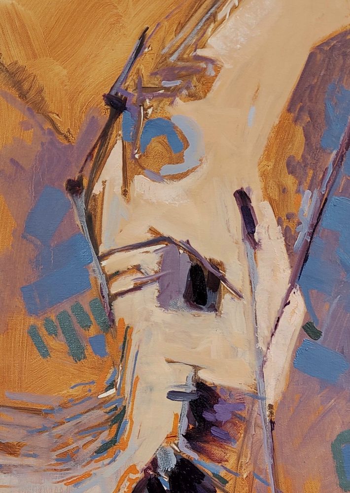 Oil paint on oil primed linen. Burnt sienna, Ultramarine Blue, Yellow Ochre, a little Lemon Yellow and a little Alizarin Crimson. A mix of abstract linear marks at differing scales and lengths on a light orange ground.