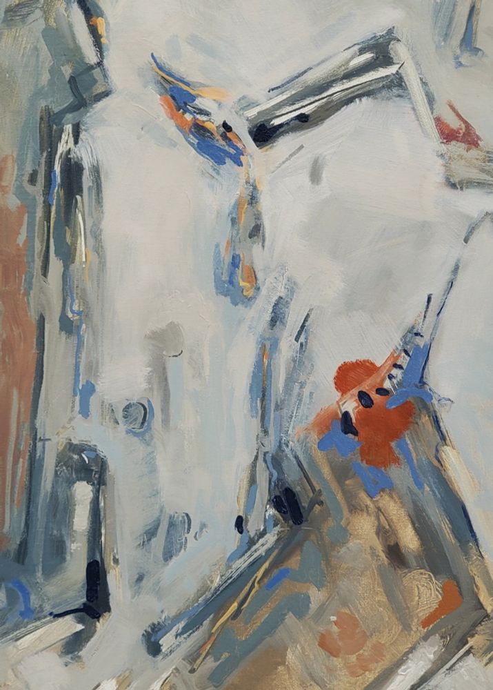 Abstract painting with a vertical emphasis. Light coloured neutral ground with smaller areas of more saturated colour.