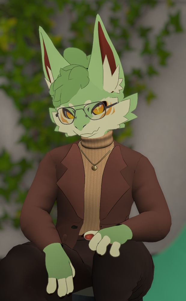A portrait photo taken in VRChat. I am wearing a wide-lapel sport coat over a sweater and slacks (all shades of brown), as well as a gold pendant. I'm sitting on a stool while looking towards the camera. My avatar is a "Novabeast" dragon-like creature.