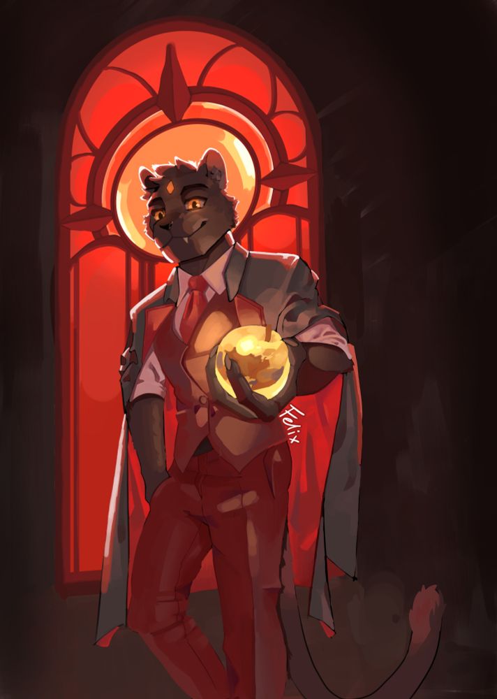 An image of my fursona Felix. They're wearing a red suit with a black suit jacket thrown over his shoulders. He's holding out a glowing golden apple towards the viewer. Behind them is a red stained glass window. He is illuminated from the window creating a rim light around him. The area beyond the window is dark.