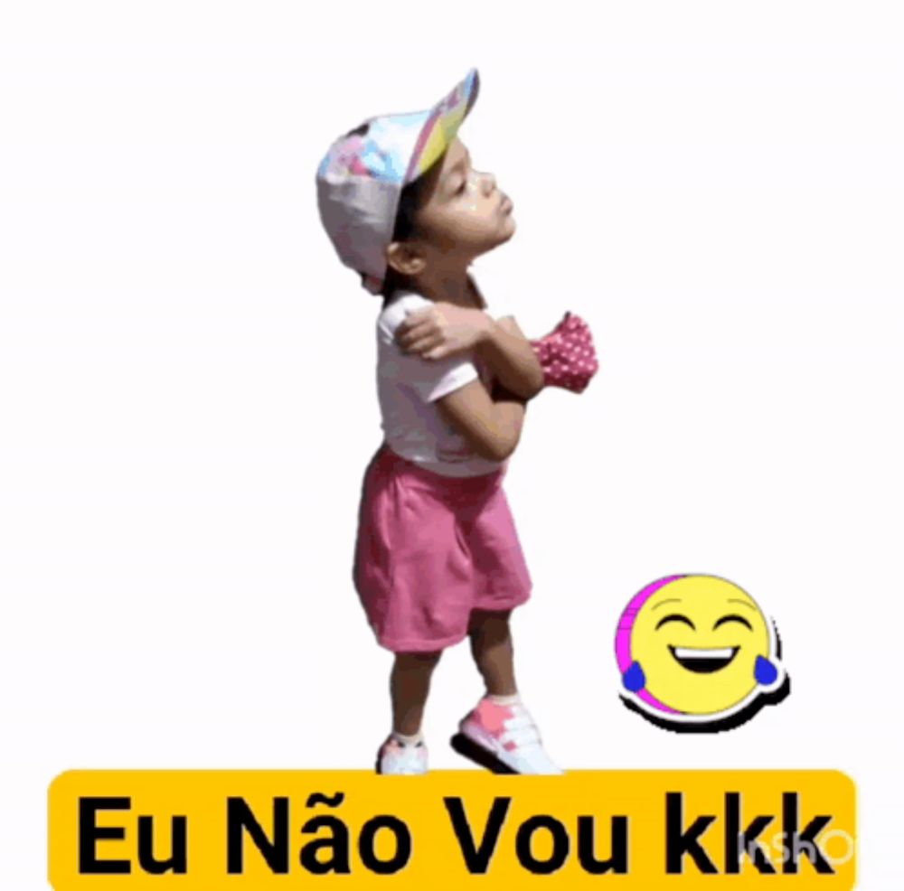 a little girl wearing a hat and pink shorts is standing next to a smiley face that says eu nao vou kkk