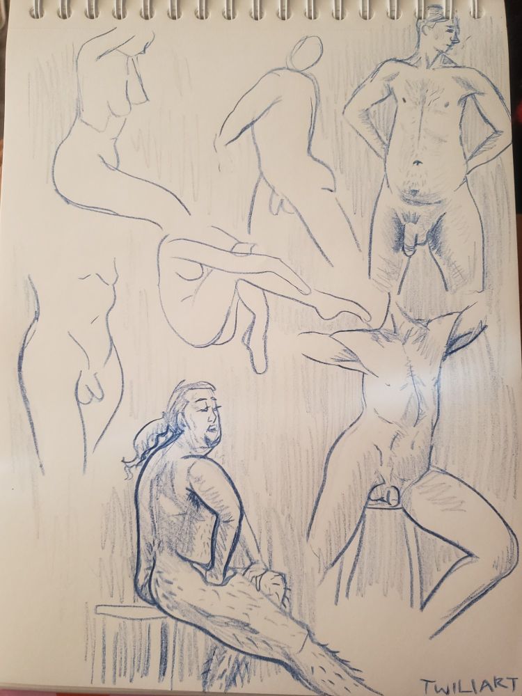Figure Drawing Warm-Up Sketches: A collection of 7 sketches depicting nude figures in various poses, drawn in blue pencil on white paper. The sketches showcase different angles and perspectives, with a focus on capturing the human form