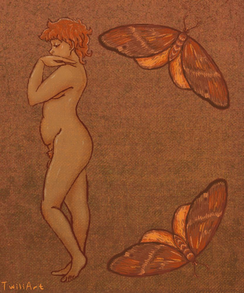 A redheaded naked trans woman stands in profile, with two moths behind her framing the drawing