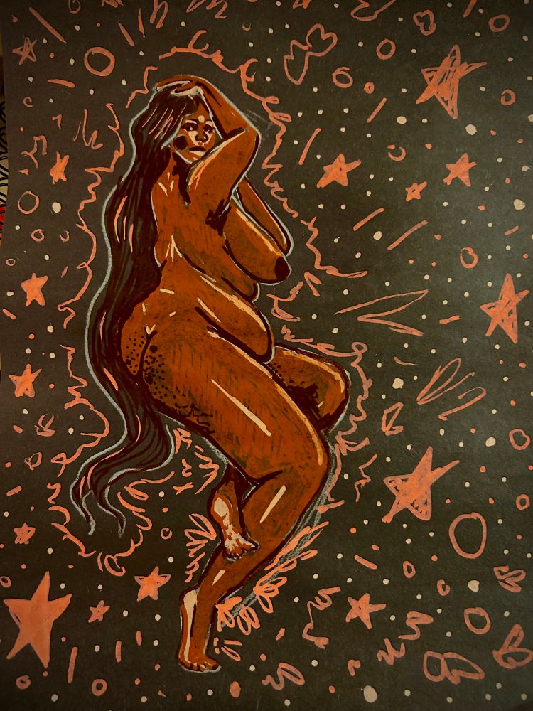 Illustration of a nude woman with long dark hair, posing confidently in a dynamic stance. Her body is depicted in a warm, orange-brown hue, set against a dark background adorned with scattered orange stars and shapes