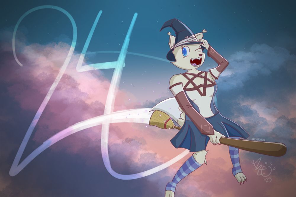 Another OC of mine, Naomi dressed as a witch flying on a broom in a dusk sky paints the number ‘24’ to indicate that I am turning 24 years of age.