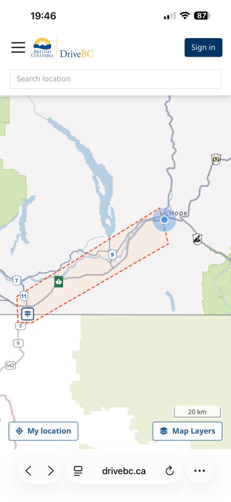 A driveBC screenshot showing road closures around the Hope BC area. 