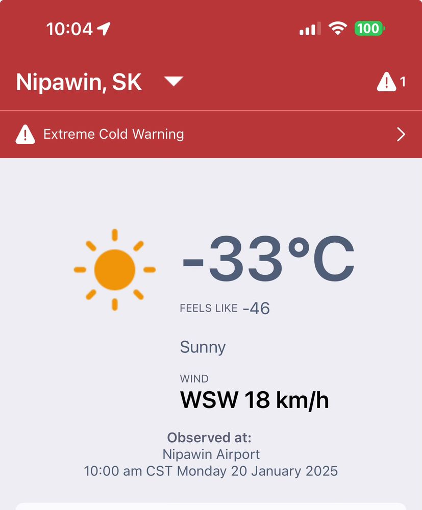  Screenshot of the weather forecast in nipawin Saskatchewan showing a wind chill of -46
