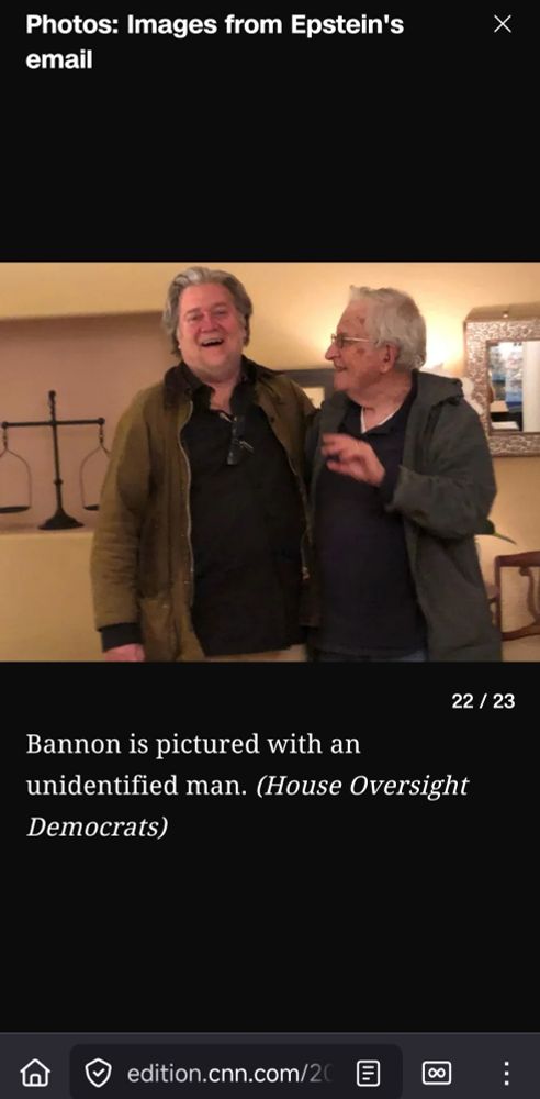 Bannon with Chomsky, from Epstein photos released by democrats.
CNN cannot identify Chomsky 