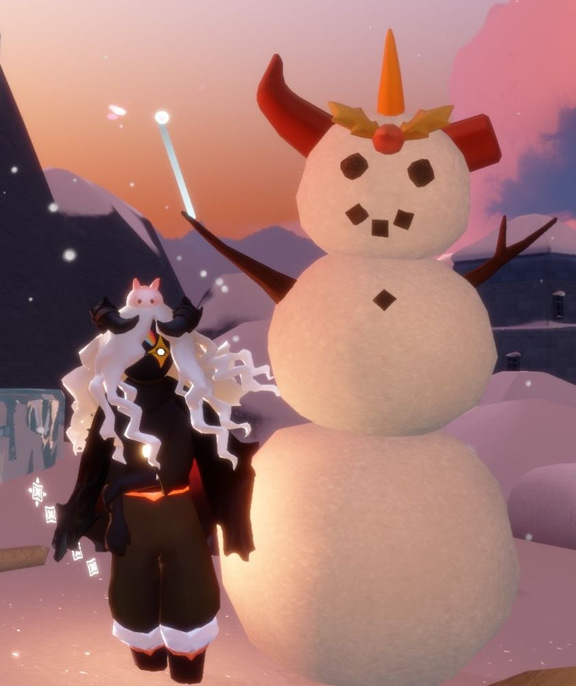 Screenshot of my weak and krill-looking sky kid next to a snowman demon lord