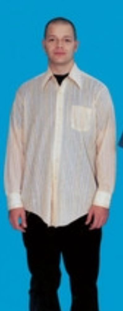Member of Weezer wearing black pants and a black t shirt. Fine. But then he puts a sheer cream-colored button-down over the black tee. You can see where the t shirt sleeves end. Abysmal 