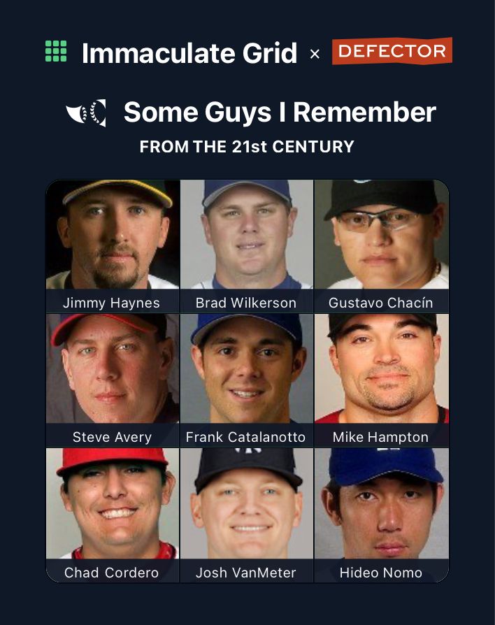 Pictures of the following gents. In an immaculate grid. Jimmy Haynes, Brad Wilkerson, Gustavo Chacín, Steve Avery, Frank Catalanotto, Mike Hampton, Chad Cordero, Josh VanMeter, Hideo Nomo