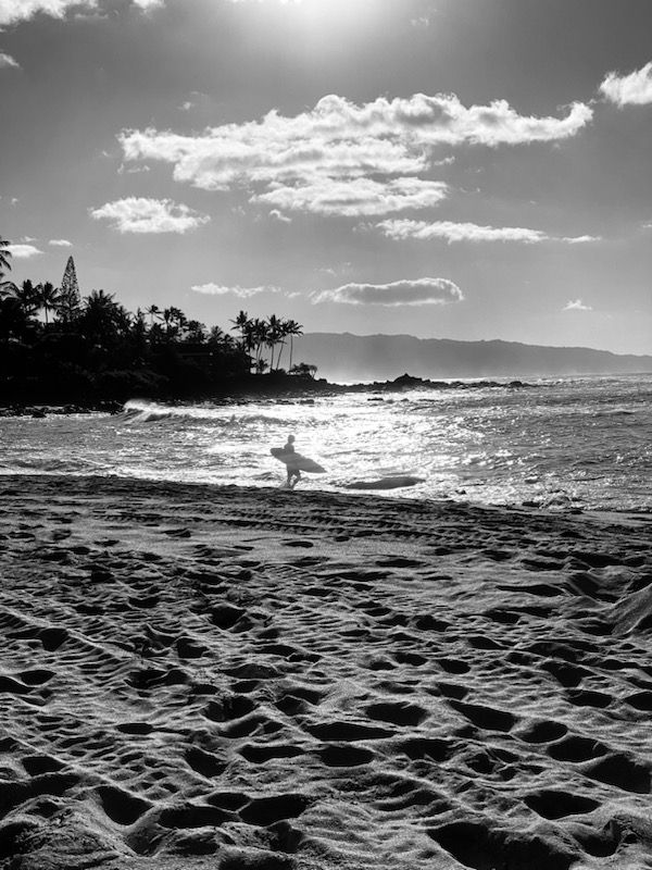 In the foreground the sandy shore is marked with footsteps, and tire tracks from lifeguards' patrolling on ATVs. A man is silhouetted with his surfboard at the waterline. In the distance palms and pines are dark against the sky. 