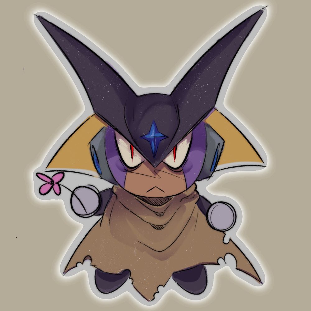 Bass.exe chibi form holding a flower and glaring at viewer 
