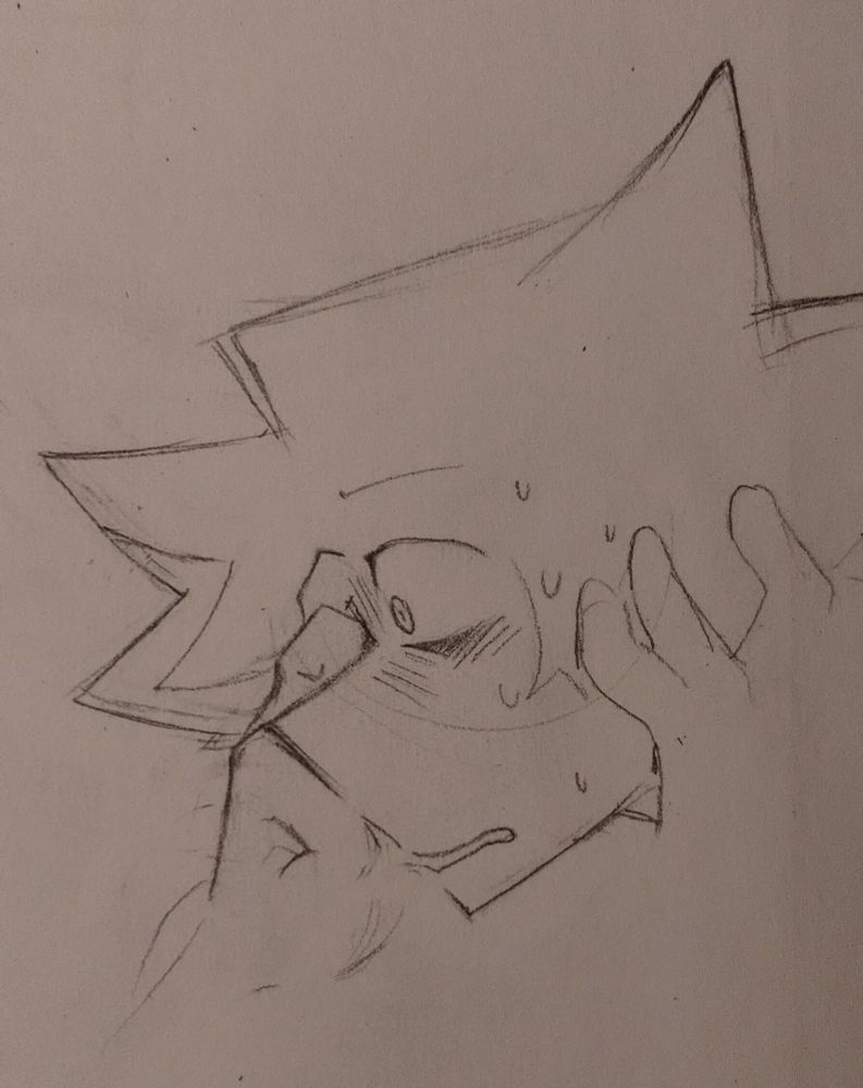 Sketch on paper of Lostarr, his eyes wide, gripping his face. He appears to be having some sort of breakdown. 