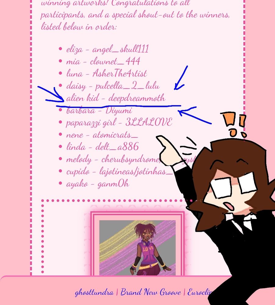 A doodle of my avatar pointing at a screenshot of the Lacey's flash games devlog, where my username is among the list of contest winners! :D