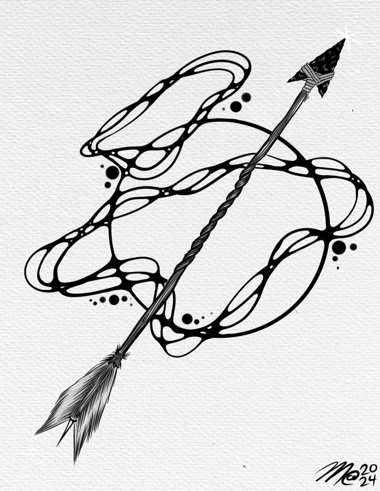 A digital tattoo design of an arrow with an obsidian tip, with funky smoky patterns behind