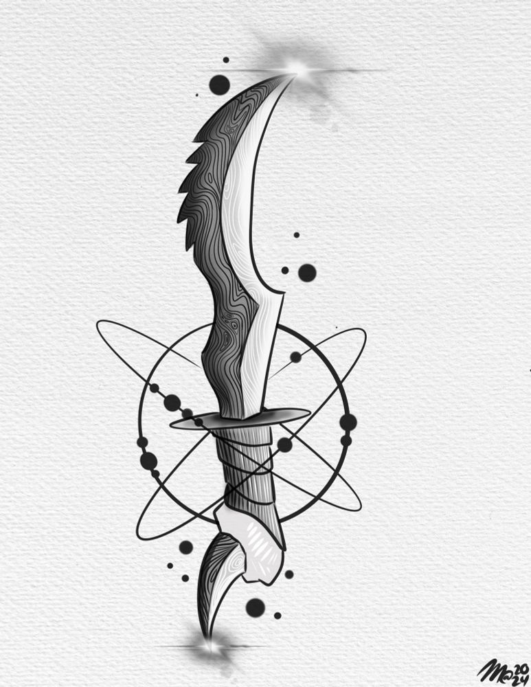 A digital print of a black and grey hunting knife with a couple celestial designs behind