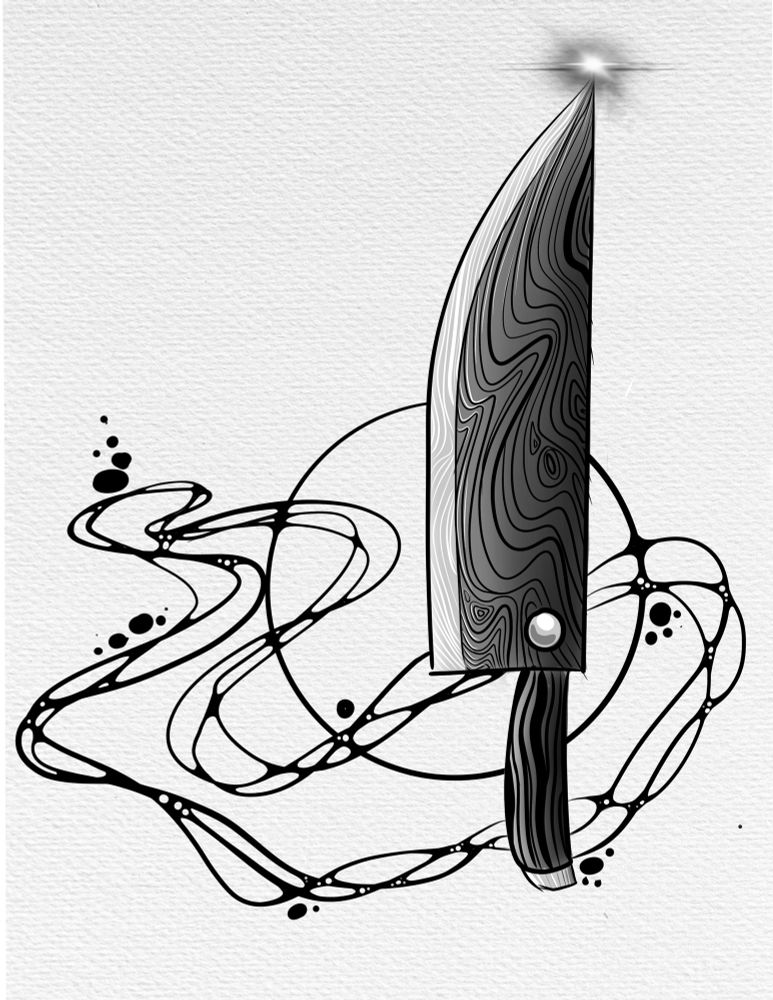 A digital tattoo design featuring an black and grey butchers knife with fun smokey pattern behind it. The design shows shading and gradients mostly with flowing line work 
