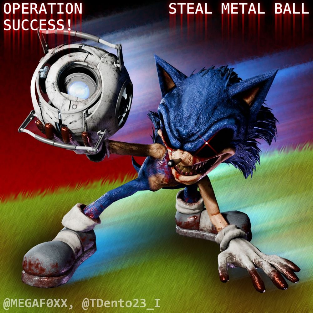 Popular sonic.exe character, X, also known as 2011X, holding Wheatley (from Valve's Portal 2) as he slides across grass. There is text saying 'OPERATION, STEAL METAL BALL. SUCCESS!'