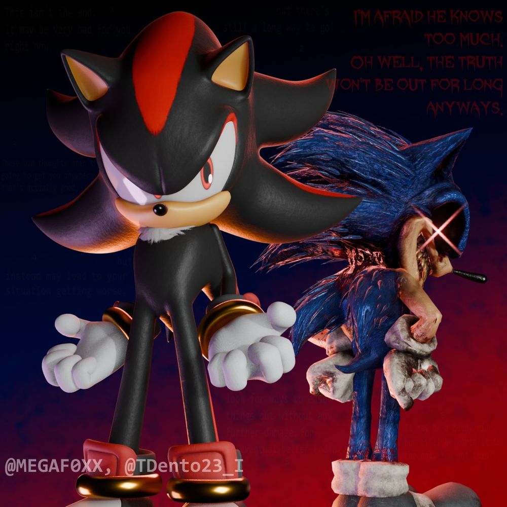 Shadow the Hedgehog & X (also known as 2011X) posing for a very sick shot, Shadow is looking at X who is posing like Sonic to trick him, though, by Shadow's face, X thinks that his tricks aren't fooling him.