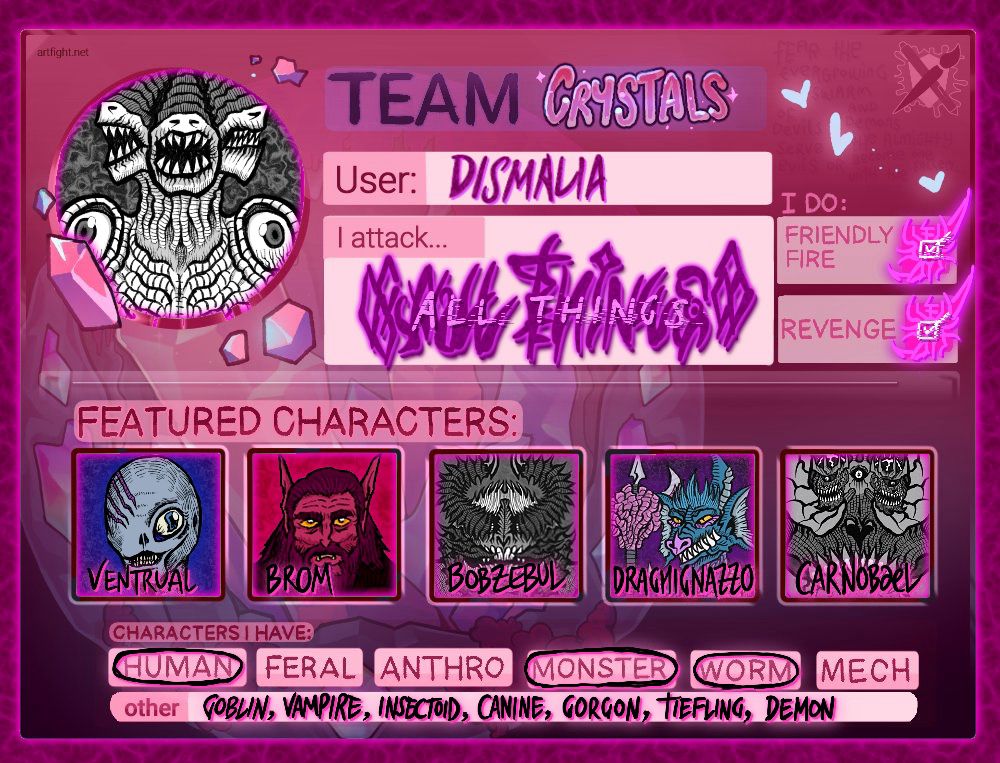 Art Fight 2025 card for DISMALIA who will be participating as Team Crystals.