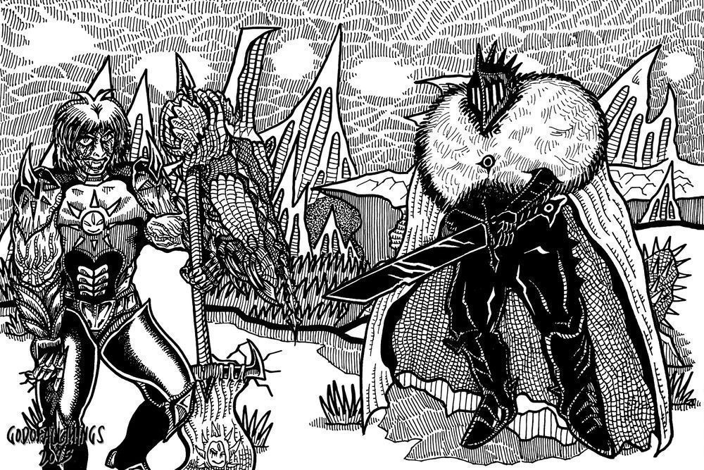 Renkora (DISMALIA) impaling a Grotesque demon with the spear end of her banner after it had been cut in half by Worm-Slayer (OC belonging to Art Fight user: tickflea) on the cliffs above the Shielding City of Phobos. 