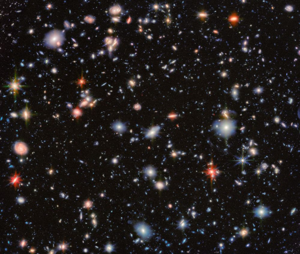 Champ profond où on voit une multitude de points brillants qui sont autant de galaxies. © ESA/Webb, NASA & CSA, G. Östlin, P. G. Perez-Gonzalez, J. Melinder, the JADES Collaboration, M. Zamani (ESA/Webb) 