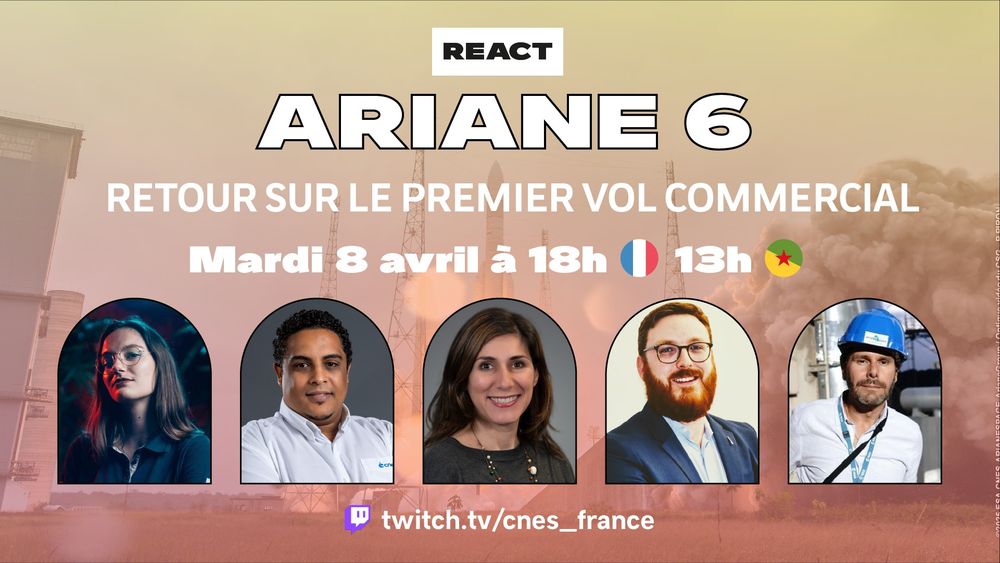 Affiche de l'émission Twitch du CNES sur le 1er vol commercial d'Ariane 6 avec les portraits des intervenants