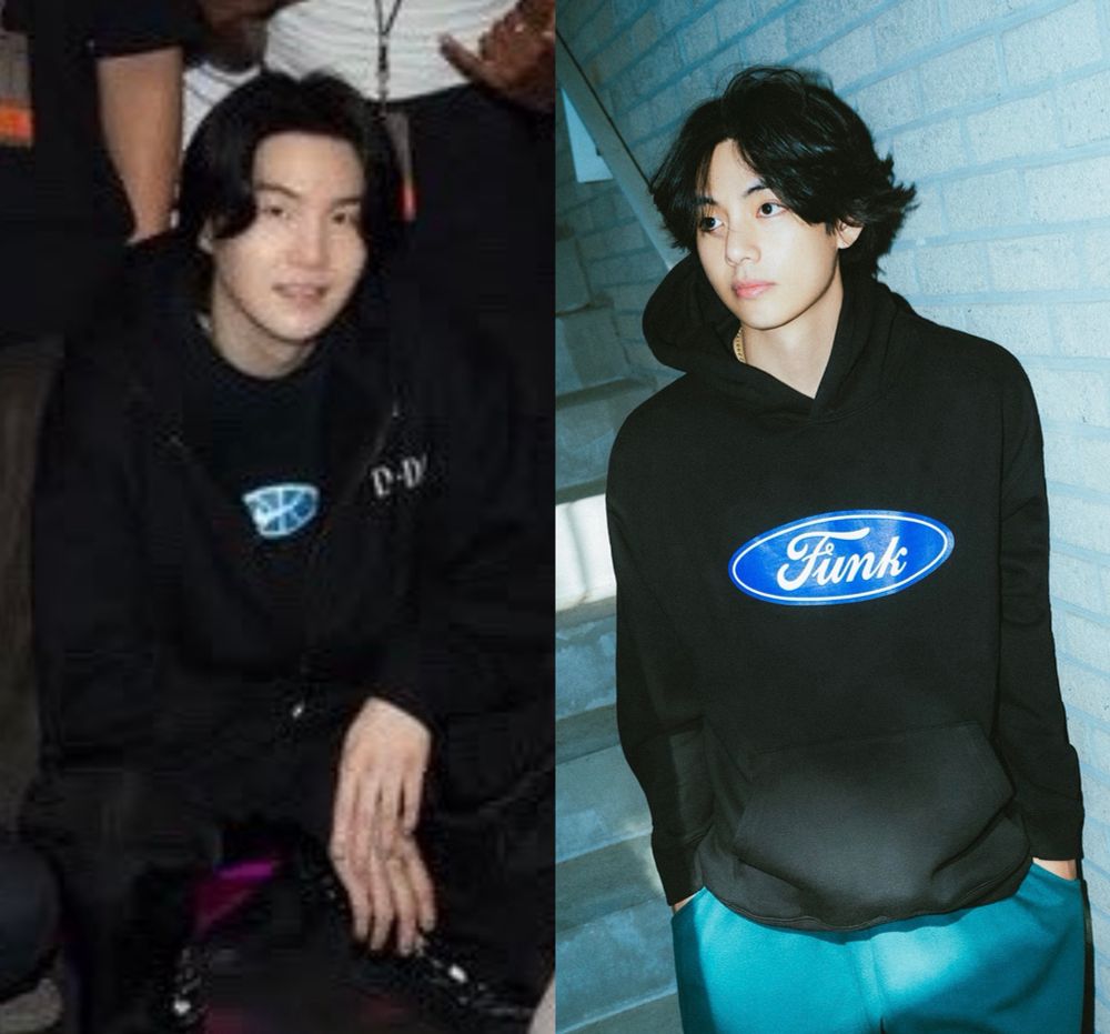 two picture collage: on the left is yoongi crouching smiling towards the camera (HANDS!!!!!!!!!!) wearing all black with a black tee that has a blue and white oval logo in the middle underneath his dday hoodie. on the right is tae wearing a black hoodie with a blue and white oval logo and blue pants looking off to the side with long black hair similar to yoongi’s 