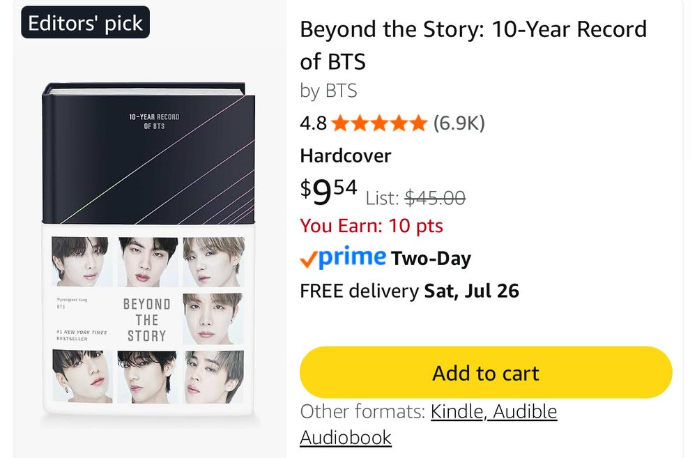 listing of beyond the story 10 year record of BTS on amazon for 9.54