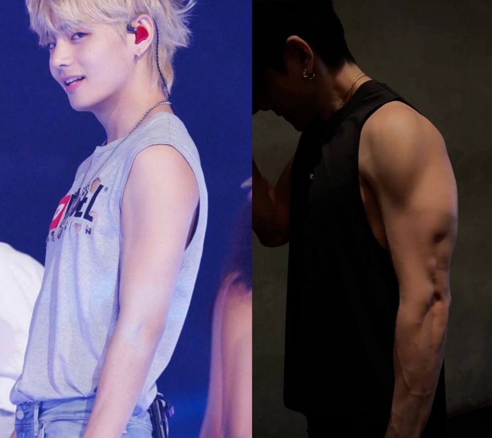 tae tae layover era on the left with blond hair and his diesel gray muscle tank and blue jeans 

tae tae post ma era on the right with black hair and black tank top lifting heavy weights 