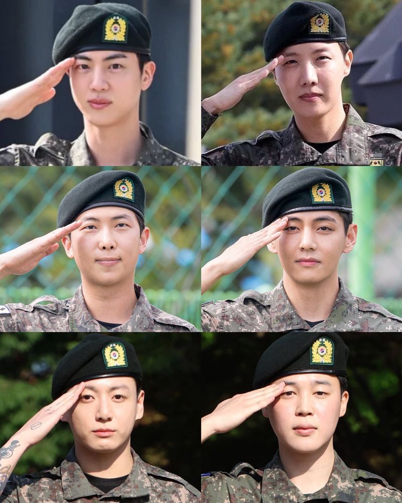 collage of 6 members of bangtan saluting during their discharge. seokjin, hoseok, namjoon, taehyung, jungkook, jimin. 