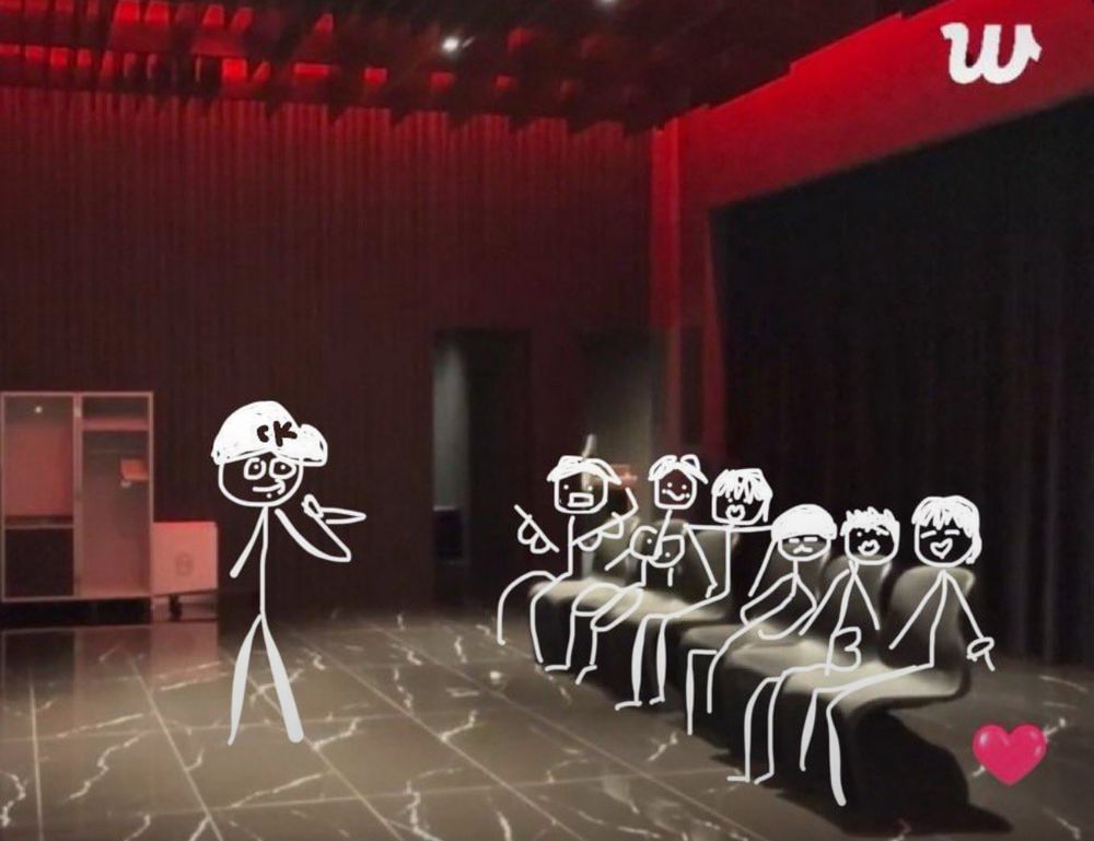 picture of jungkook’s party basement with the six ass chairs lined in a row with red lights and member accurate drawn stick figures of bangtan sitting watching a stick figure jk 