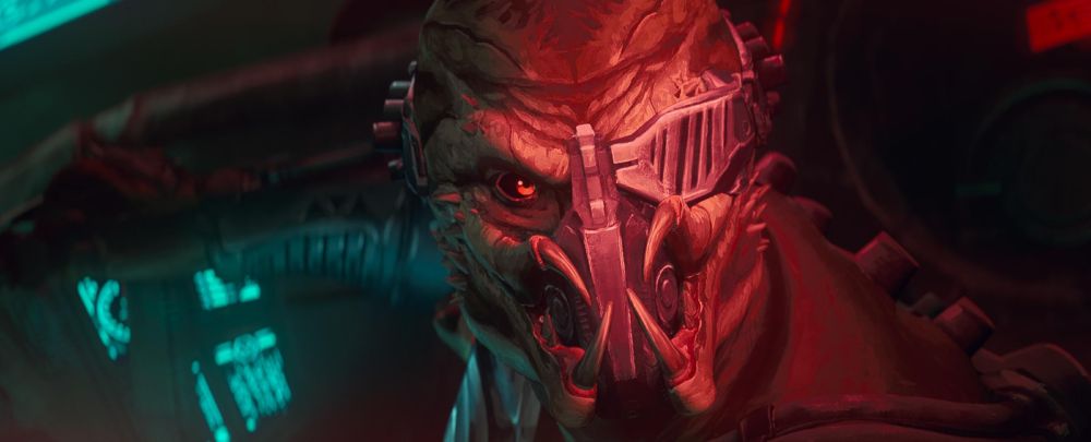 The face of a Youtja (Predator from the movies), lit red and looking at the viewer. He only has his right eye showing, the other is covered by a visor that also seems to wrap around his head like a band, and he has some sort of respirator or other device covering the interior of his mouth (the clawed outer mandibles are still free). His eye is glowing red, and he is wearing some textured body armor. Behind him is the interior of his ship, with blue lights on the dashboard/display visible. This is a still shot from the Hulu animated film "Predator: Killer or Killers".