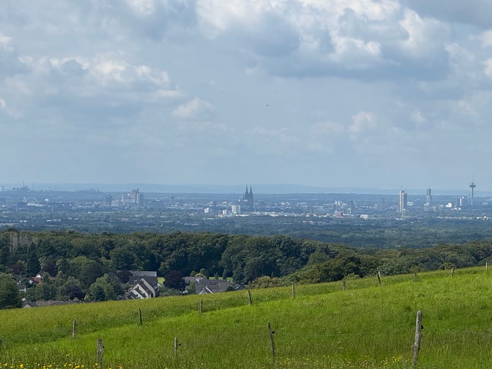 Die Aufnahme wurde von  einem Hügel aus  gemacht. Vorne sieht man eine abschüssige Wiese, unten ein paar Hausdächer, dahinter Wald und ganz hinten die Stadt Köln mit dem Kölner Dom, der Kölnarena und dem Colonius. Der Himmel ist grau und bewölkt. 